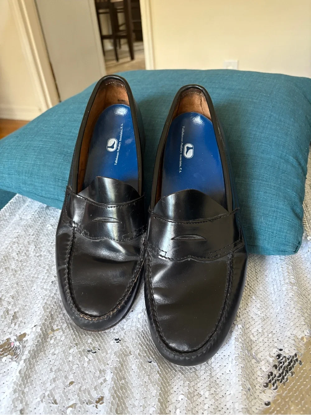 Bass Black Leather Penny Loafers with Blue Insoles